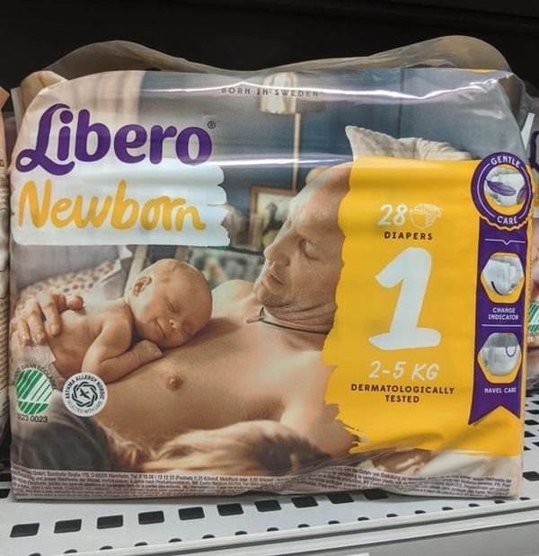 Diapers with a father on the packaging