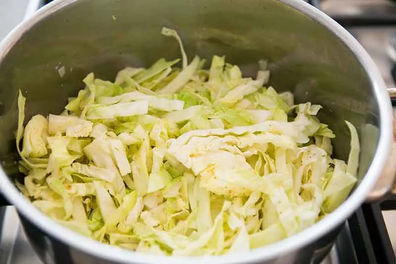 Adding sliced cabbage to stock pot for cabbage soup